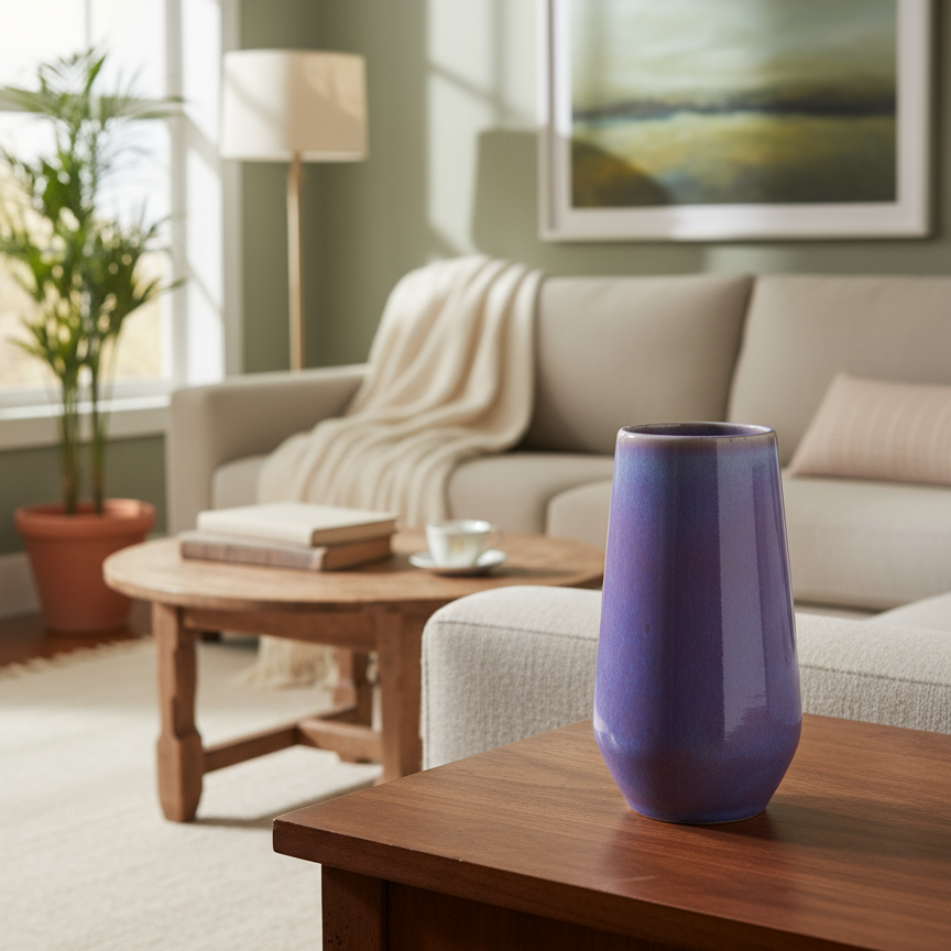 Ahava Memorials ceramic bouquet vase made with ashes, styled in a cozy living room with candles and keepsakes as a heartfelt tribute to loved ones.
