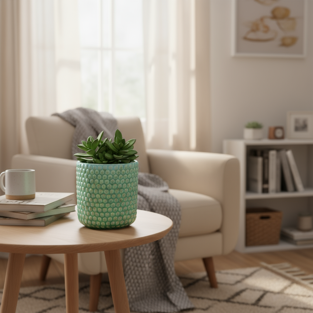 Ahava Memorials handcrafted ceramic beaded planter made with ashes, displayed in a softly lit living room with greenery as a peaceful cremation memorial and home art piece.