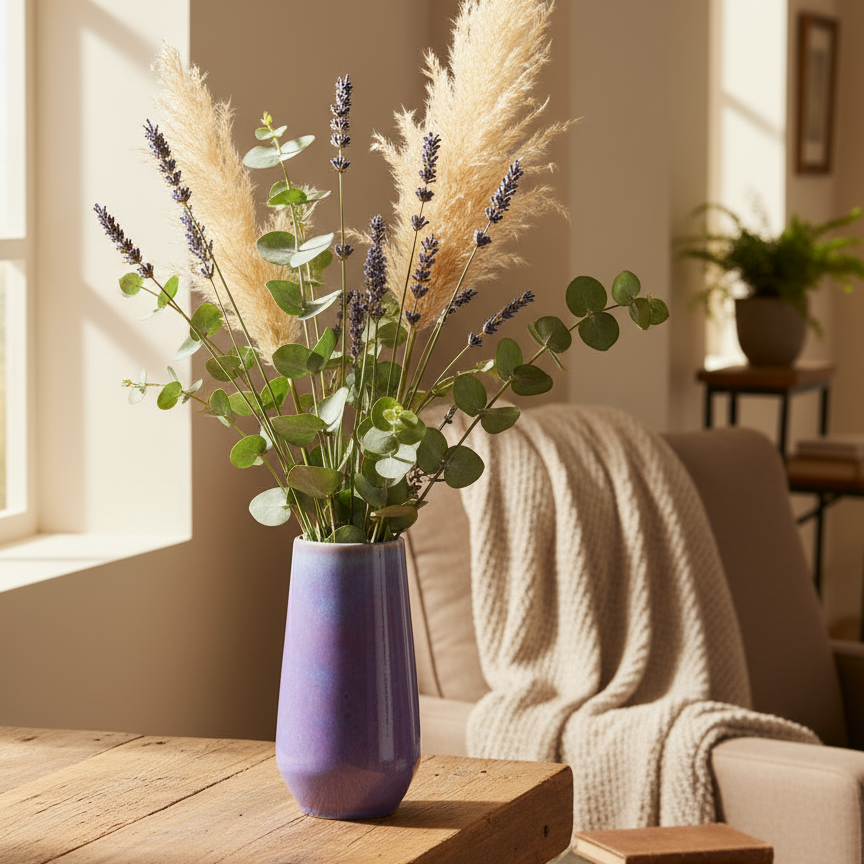 Collection of Ahava Memorials bouquet vases in multiple glaze colors, handcrafted with ashes and displayed together in a bright living room as modern memorial art.