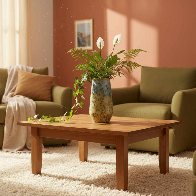 Handcrafted ceramic bouquet vase by Ahava Memorials made with ashes, displayed on a living room table with fresh flowers as a modern cremation memorial.