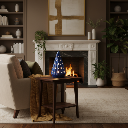 Handcrafted ceramic Starlight Tree by Ahava Memorials, made with ashes and displayed on a home mantel beside candles and keepsakes as a peaceful cremation memorial.