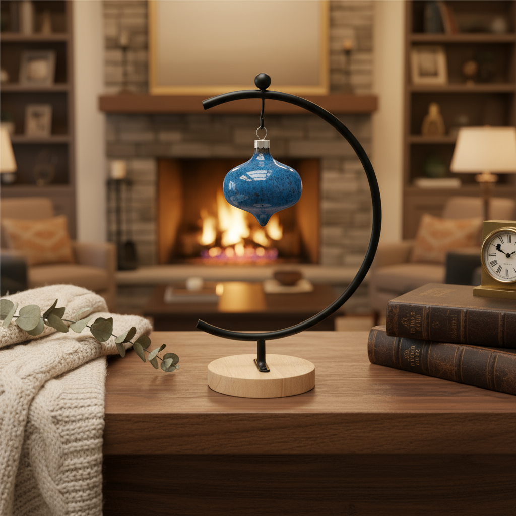 Ahava Memorials handcrafted ceramic curvy retro ornament made with ashes, displayed on a softly lit living room shelf beside a candle as a meaningful cremation keepsake.