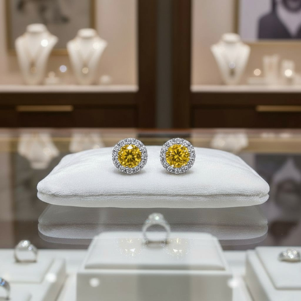 "Endless Love Collection" 14K gold w/ Diamond Halo Earrings Portuguese Cut 5.5mm My Crystal Companion