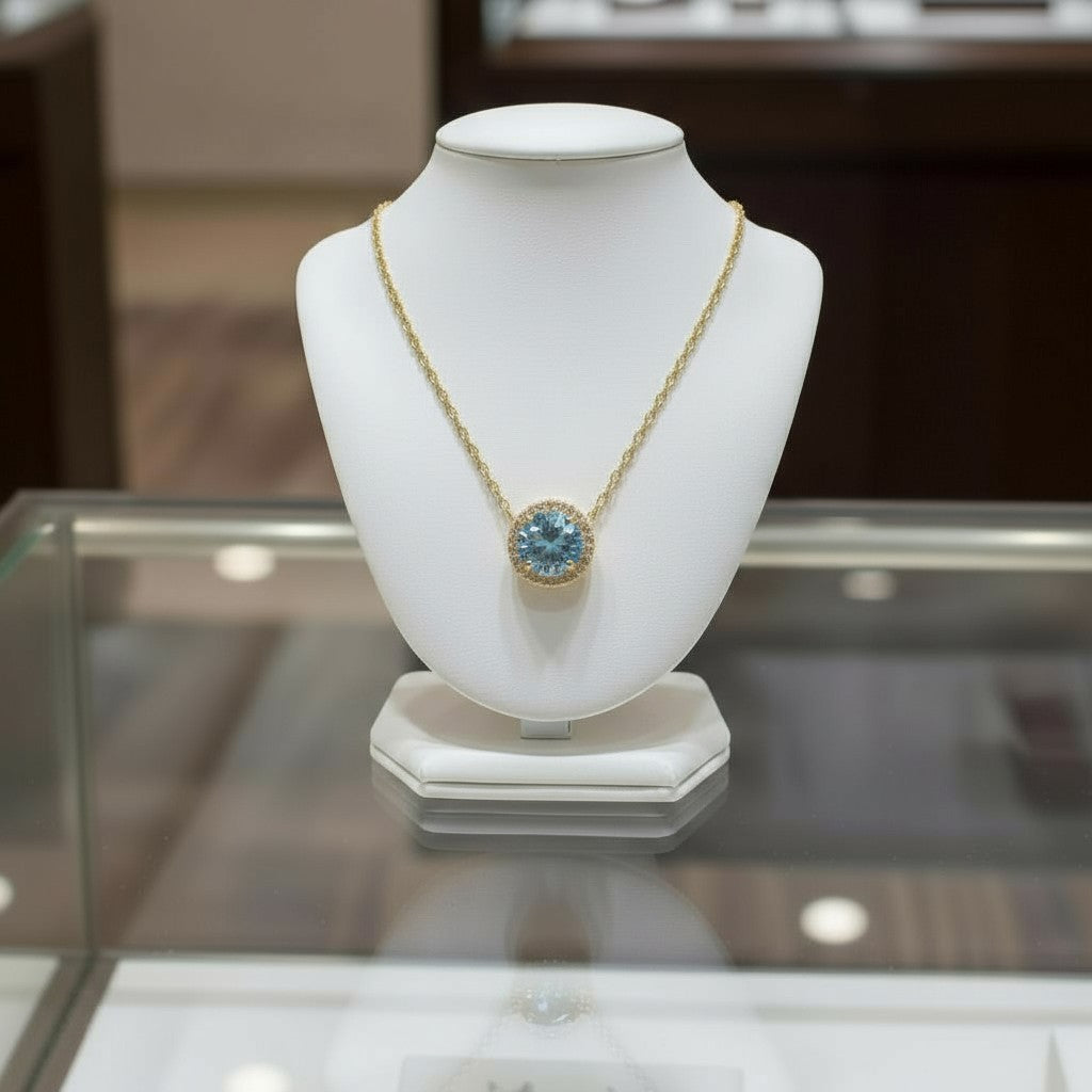 "Endless Love Collection" 14k Gold w/ Diamond Halo Portuguese Cut Pendant 5.5mm My Crystal Companion