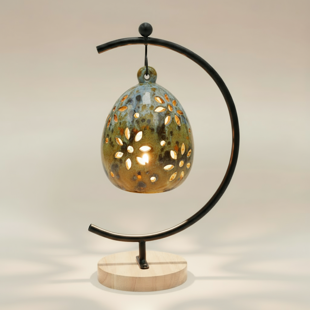(jasper gold)
Back of the jasper gold floral luminary by Ahava Memorials, handcrafted with ashes and illuminated by candlelight on its ceramic stand as a radiant remembrance piece.