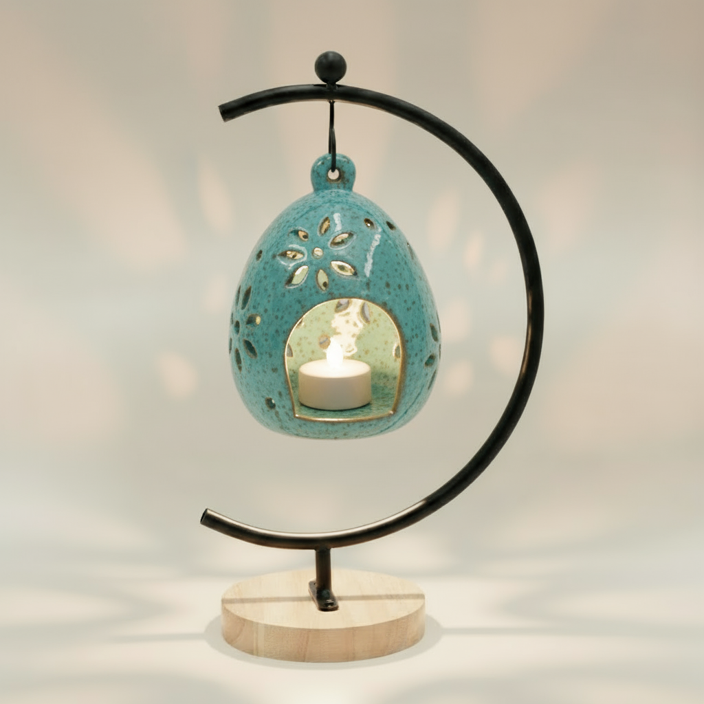 (copper)
Jasper gold ceramic floral luminary made with ashes, a luminous handcrafted cremation memorial by Ahava Memorials with a candle glowing through floral openings.