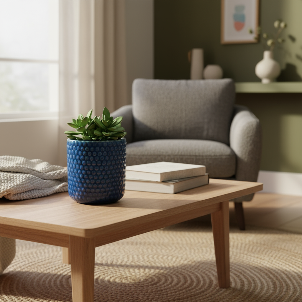 Ceramic beaded planter by Ahava Memorials, handcrafted with ashes and filled with a living plant, symbolizing renewal and remembrance in a bright home setting.