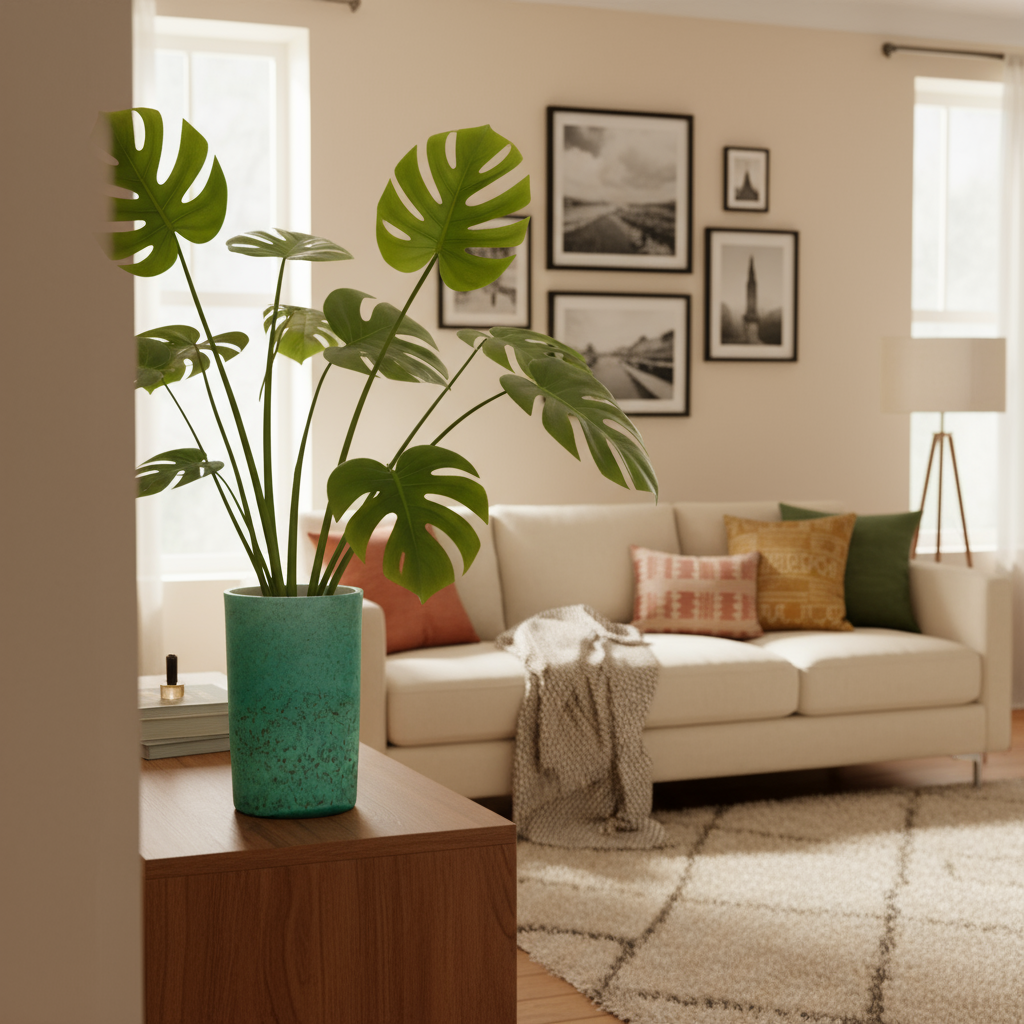 Large cylinder ceramic vase by Ahava Memorials, handcrafted with ashes and placed by a sunlit window with soft greenery as a peaceful cremation memorial.
