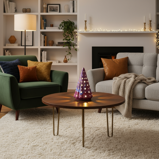 Ahava Memorials large Starlight Tree made with ashes, glowing through star openings in a softly lit cozy room corner, creating a warm atmosphere of remembrance.