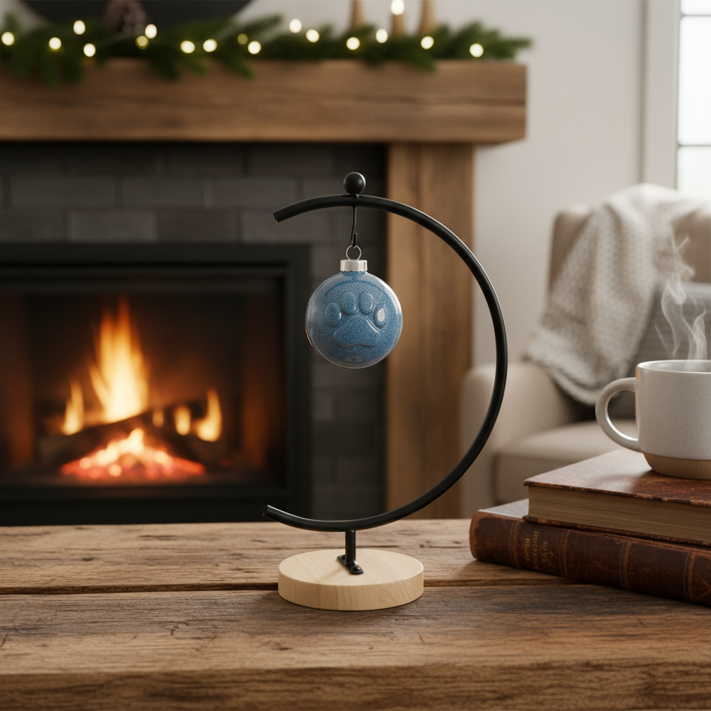 Ceramic paw ball ornament by Ahava Memorials, handcrafted with pet ashes and illuminated by natural light in a tranquil home setting as a symbol of remembrance.
