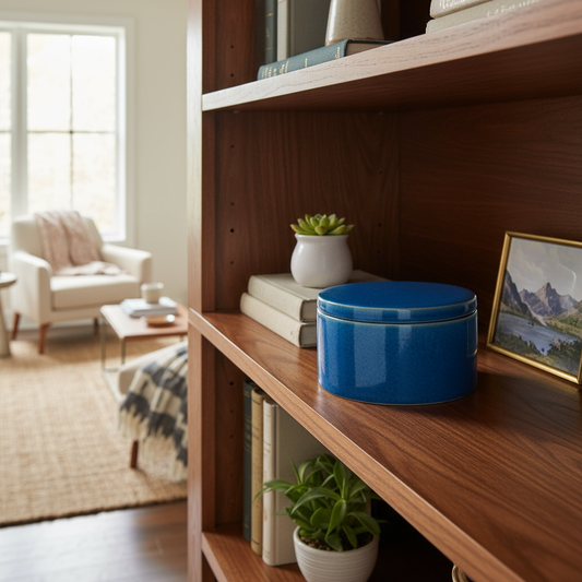 Ahava Memorials round ceramic box urn made with ashes, placed on a minimalist wooden shelf under natural light as a serene handcrafted memorial piece.