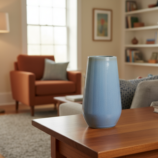 Ceramic bouquet vase made with ashes by Ahava Memorials, placed by a sunlit living room window with greenery, symbolizing peace and renewal.