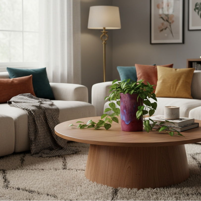 Ahava Memorials handcrafted large cylinder ceramic vase made with ashes, displayed in a cozy living room with flowers as a serene cremation memorial art piece.