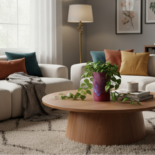 Ahava Memorials handcrafted large cylinder ceramic vase made with ashes, displayed in a cozy living room with flowers as a serene cremation memorial art piece.