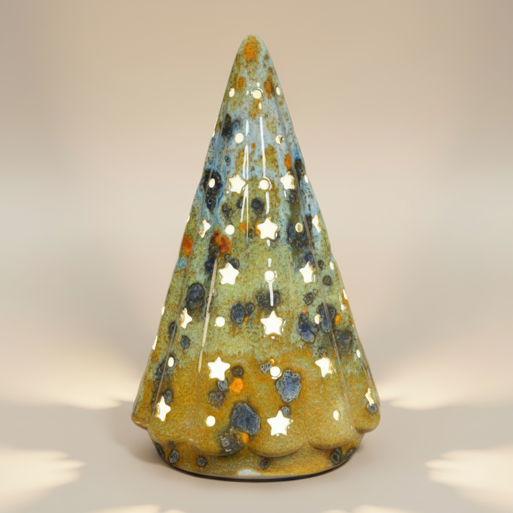 (jasper gold)
Jasper gold large ceramic Starlight Tree made with ashes, a radiant handcrafted cremation memorial by Ahava Memorials glowing through star-shaped openings.