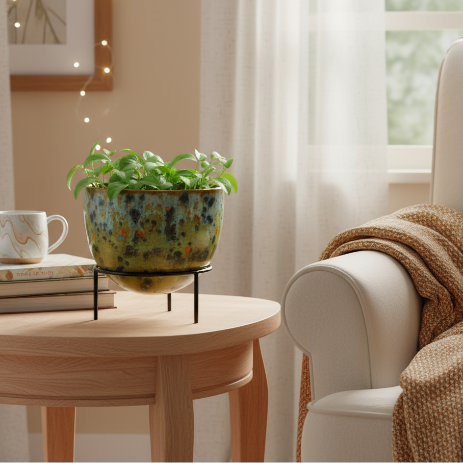Collection of Ahava Memorials modern planters with stands in multiple glaze colors, handcrafted with ashes and arranged together as modern memorial art for the home.