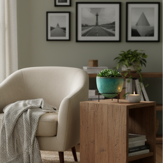 Ahava Memorials handcrafted ceramic modern planter with stand made with ashes, displayed in a cozy living room beside candles and greenery as a modern cremation memorial.