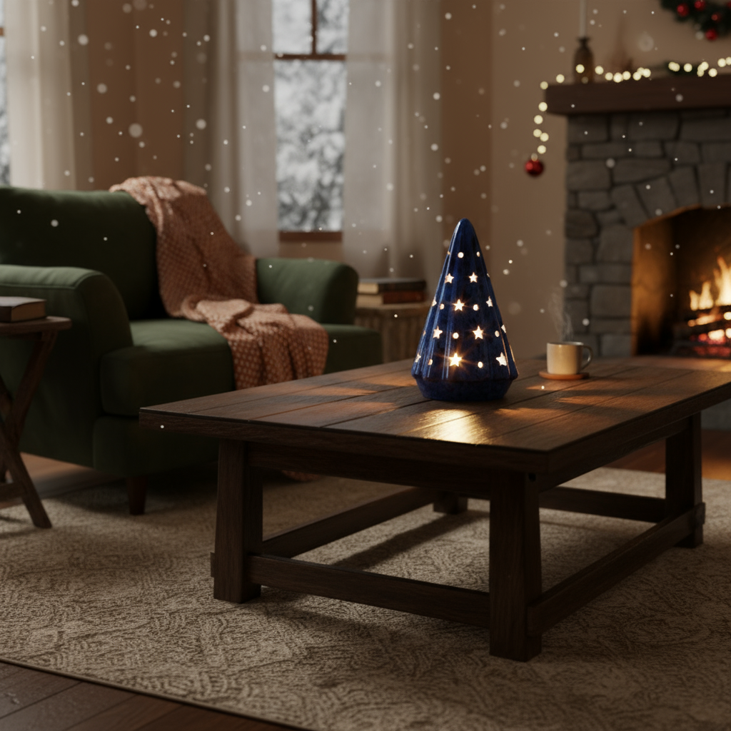 Ahava Memorials handcrafted ceramic Starlight Tree made with ashes, glowing softly in a darkened room as star-shaped lights shine through the surface.