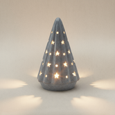 (ice)
Handcrafted ice-blue ceramic Starlight Tree made with ashes, a glowing cremation memorial by Ahava Memorials with star-shaped light openings.