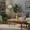Load image into Gallery viewer, Living room with a wooden coffee table, green armchair, and gray sofa.
