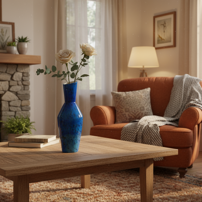 Living room with a blue vase on a wooden coffee table, orange armchair, and stone fireplace.