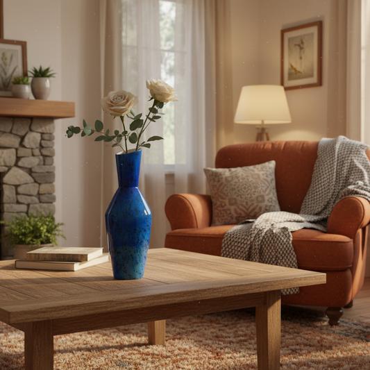 Living room with a blue vase on a wooden coffee table, orange armchair, and stone fireplace.