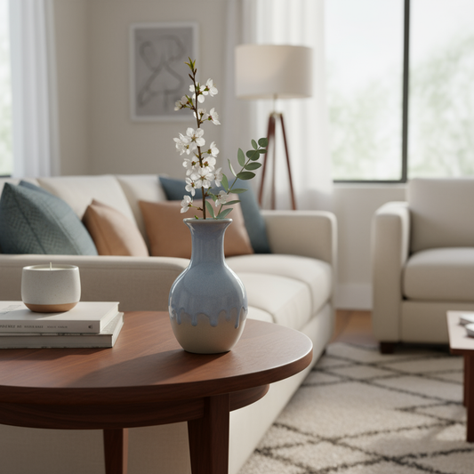 Ahava Memorials handcrafted ceramic bud vase made with ashes, displayed in a serene home setting beside a framed photo and candle, symbolizing remembrance and peace.