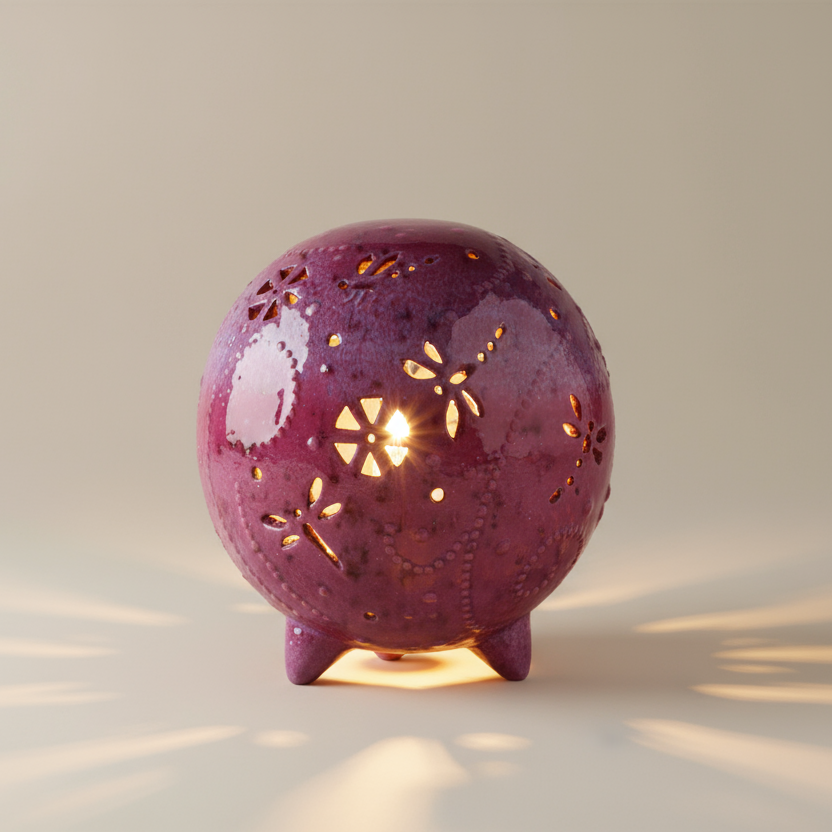 (sunstone-red)
Decorative purple lantern with cut-out patterns on a beige background