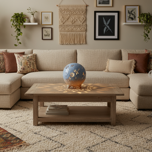 Dragonfly Luminary light by Ahava Memorials. Living room with beige sectional sofa, wooden coffee table, and decorative elements.