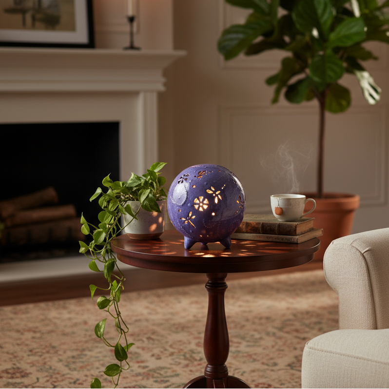 Dragonfly Luminary light by Ahava Memorials. Living room with a decorative lamp on a small table, a cup, and a plant.