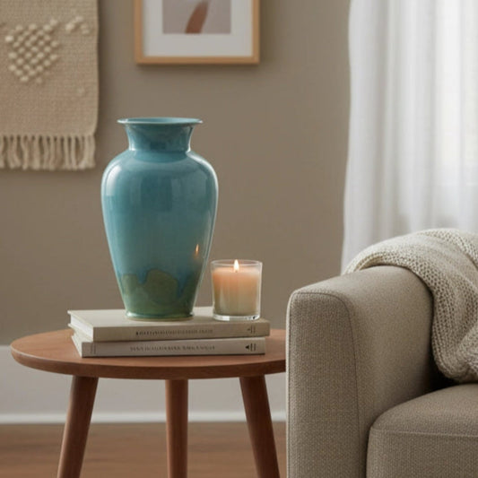 Gloria Vase in copper by Ahava Memorials — handcrafted ceramic cremation memorial with ashes, displayed in a warm home setting as a meaningful work of art celebrating a loved one’s life.