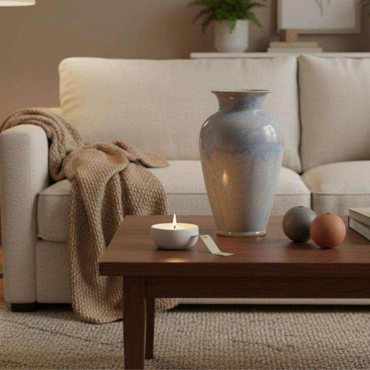 Living room with a beige sofa, wooden coffee table, and decorative items.