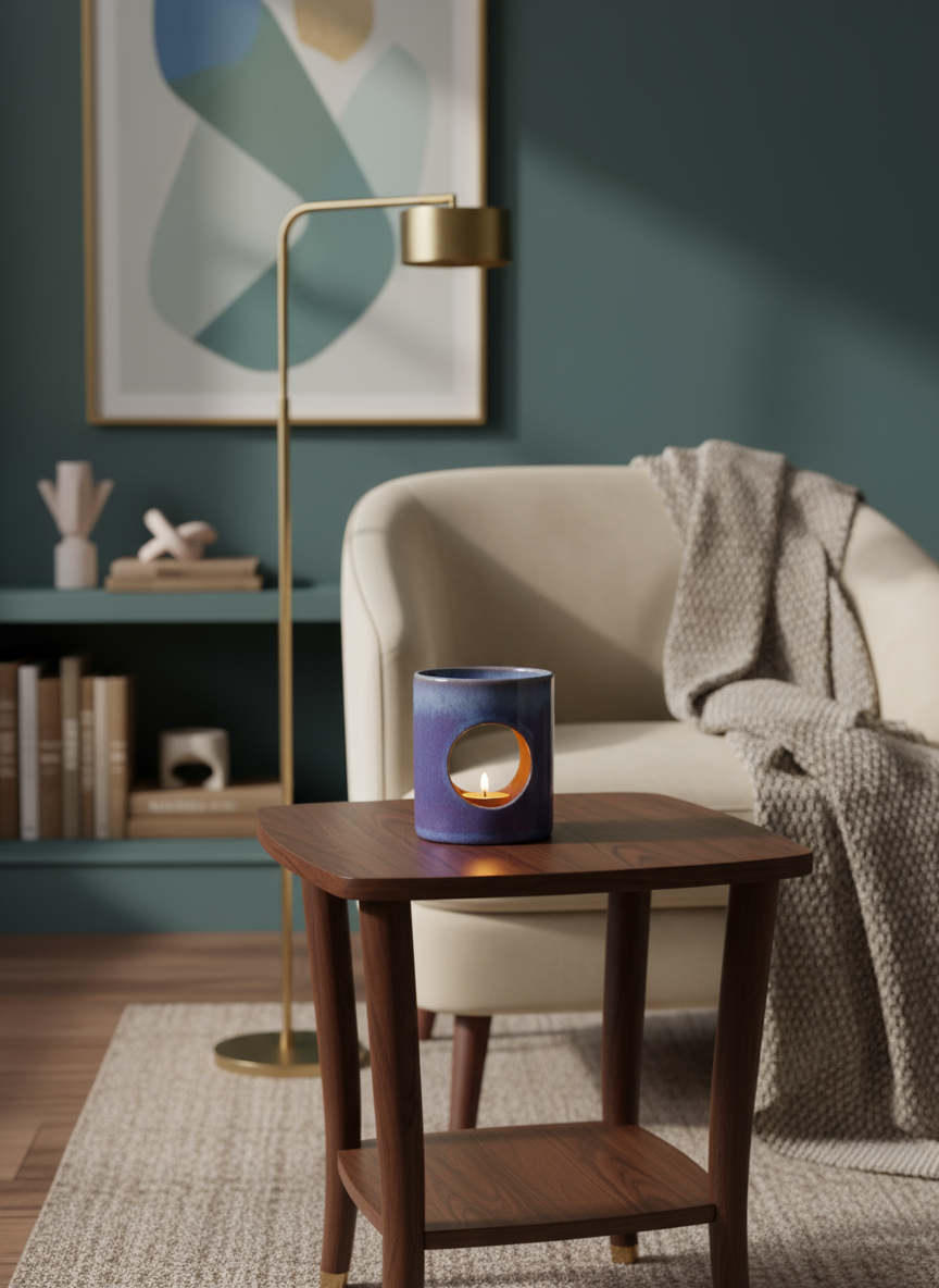 Cozy living room with a candle on a wooden side table, armchair, and abstract art.