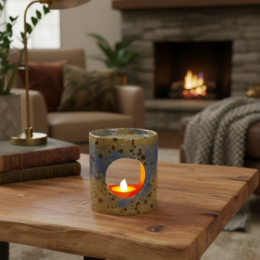 Ceramic candle holder with a lit candle on a wooden table in a cozy living room.