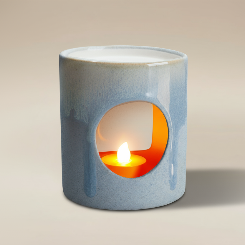 (ice)
Handcrafted ice-blue ceramic candle holder made with ashes, a radiant memorial keepsake by Ahava Memorials.
