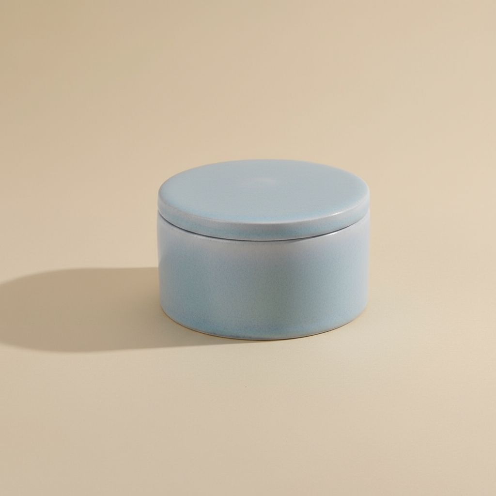 (ice)
Handcrafted ice-blue round ceramic box urn made with ashes, a peaceful cremation memorial by Ahava Memorials.