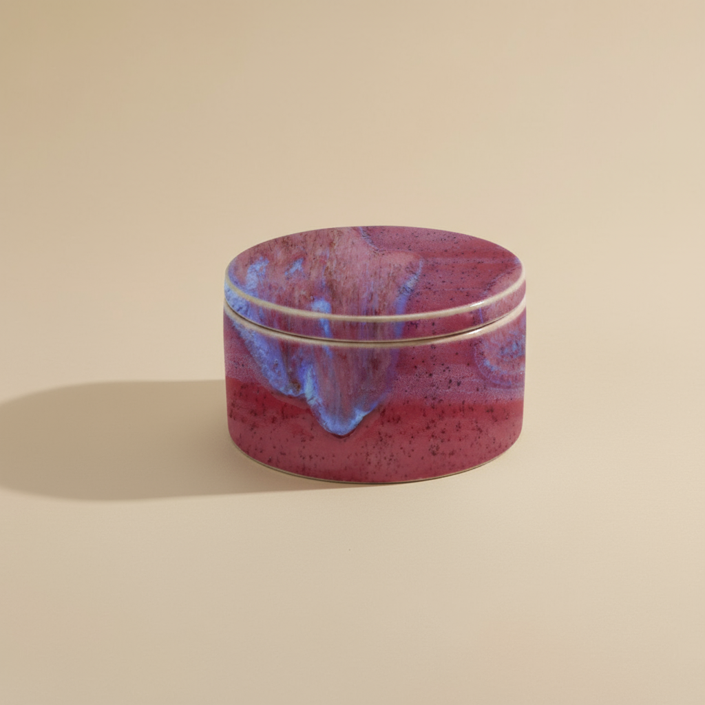 (sunstone red)
Sunstone red round ceramic box urn made with ashes, a handcrafted cremation memorial symbolizing love and strength.