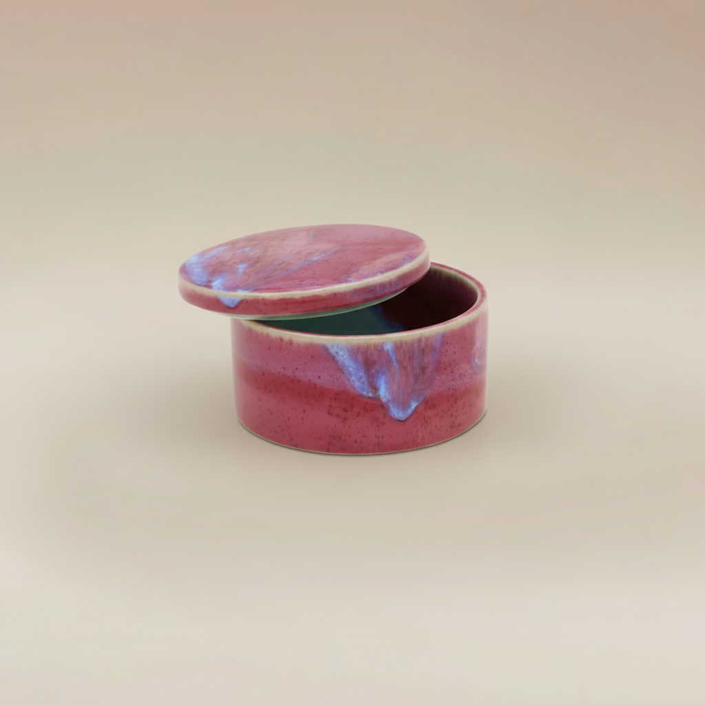(sunstone-red)
Ahava Memorials sunstone red round ceramic box urn made with ashes, shown open as a heartfelt handcrafted memorial keepsake.
