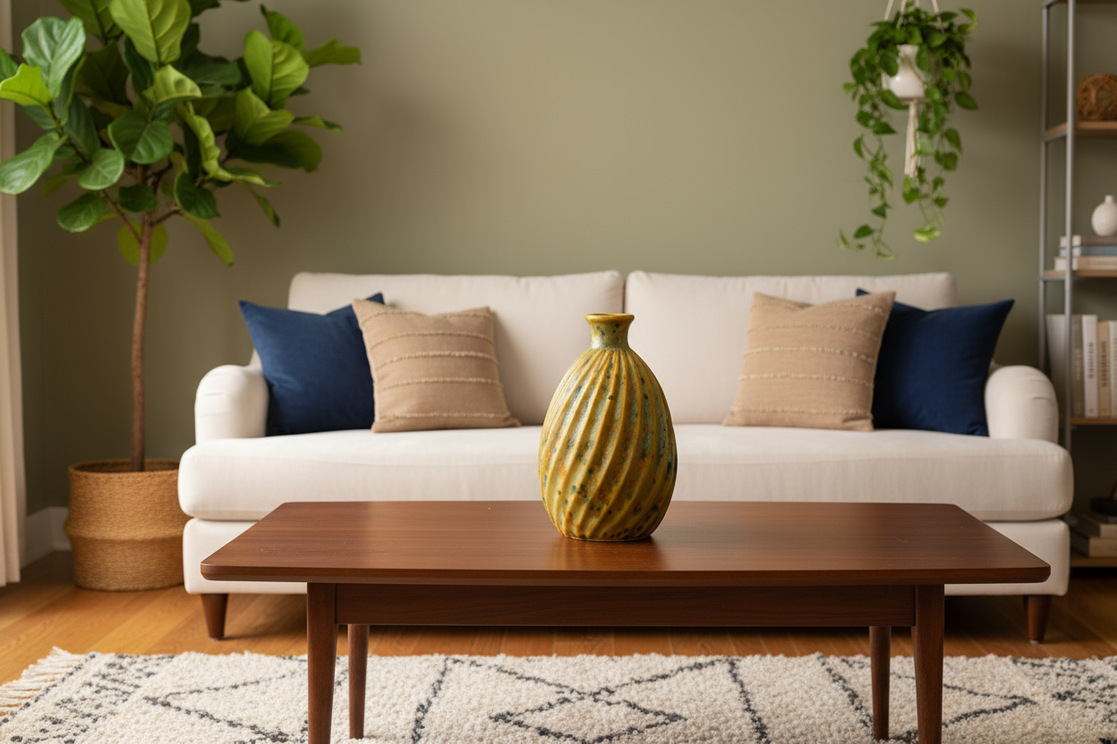 Elegant Twist Vase in handcrafted ceramic, made with ashes and illuminated in a peaceful home setting as a meaningful memorial artwork.
Living room with a white sofa, wooden coffee table, and decorative items.