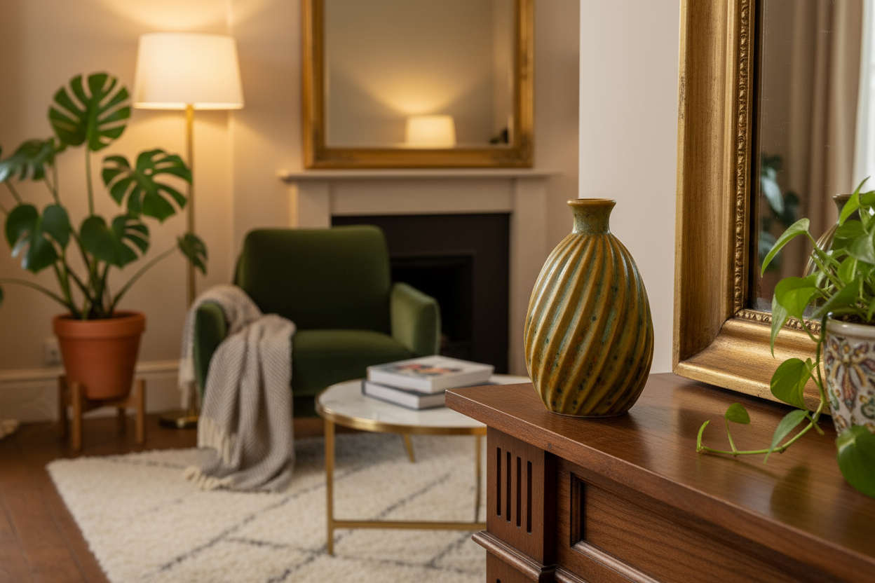 Ceramic cremation memorial vase made with ashes, handcrafted by Ahava Memorials and shown as a decorative art piece in the home.
Living room with green armchair, coffee table, and decorative items.
