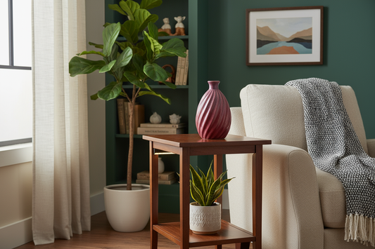 Twist Vase by Ahava Memorials — handcrafted ceramic cremation memorial made with ashes, displayed in a softly lit home interior.
Living room with a beige sofa, wooden side table, and decorative plants.