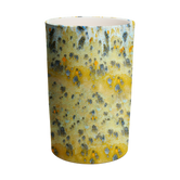 (jasper gold)
A cylindrical ceramic vase with a swirled green and yellow pattern and a top edge.